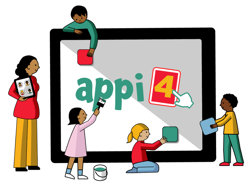 Children building and interacting with a giant iPad displaying the appi4 logo