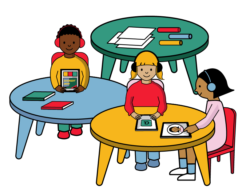 Children using iPads at round tables
